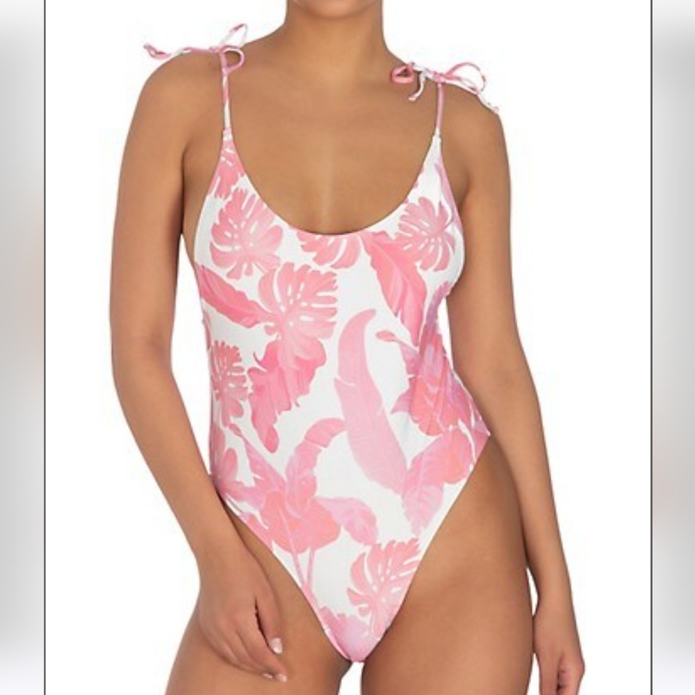 Guess Pink and White Tropical Print One-Piece Swimsuit